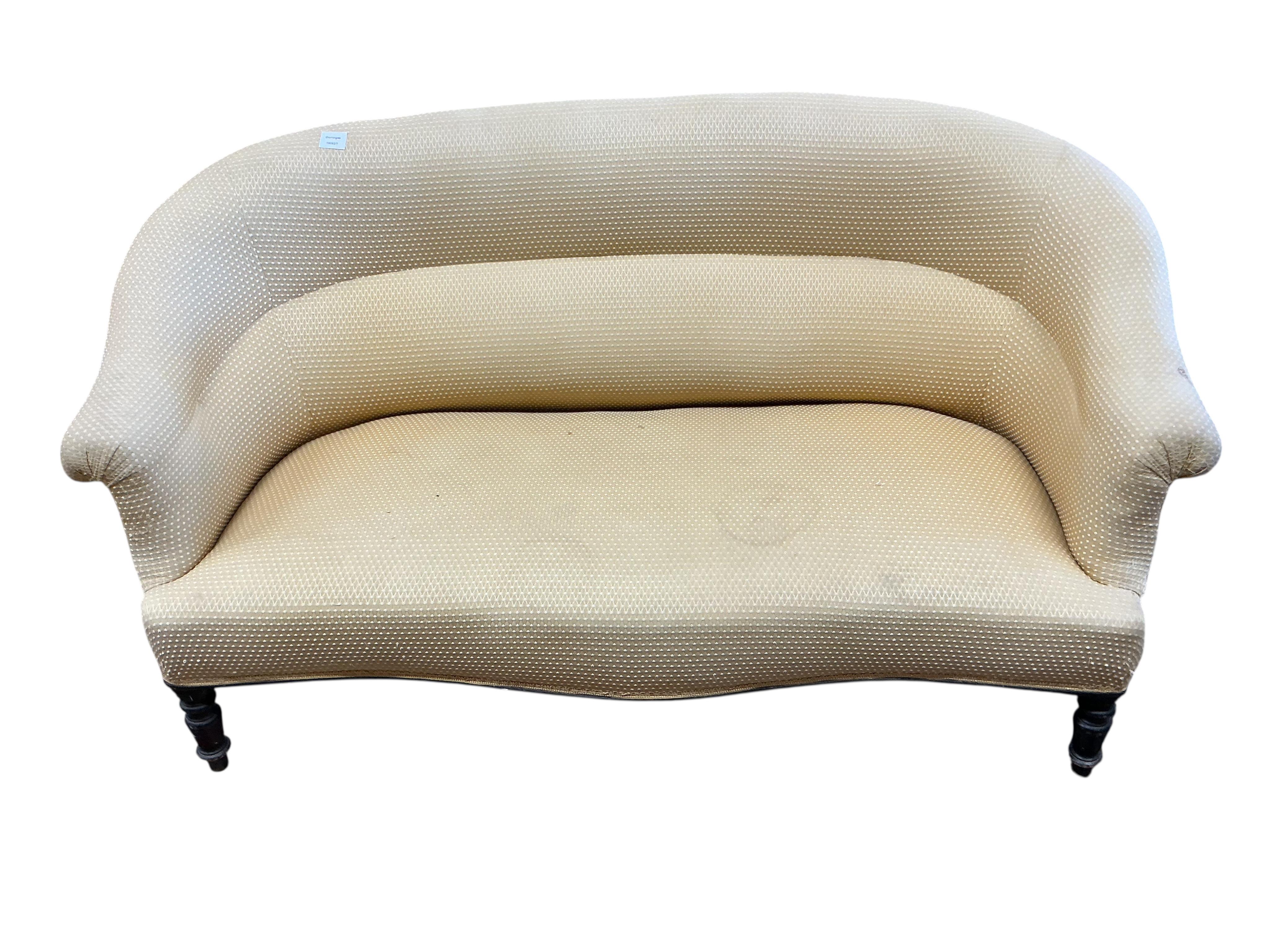 A late Victorian upholstered tub framed settee, width 150cm, depth 66cm, height 79cm